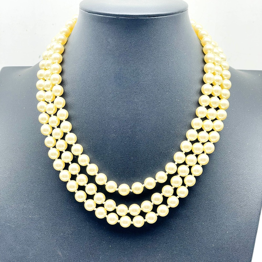 Vintage Japan Triple Strand Faux Pearl Necklace Cream Beaded Mid Century